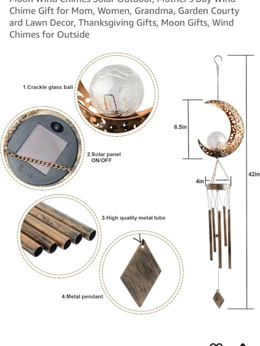 Moon wind chime/solar outdoor-New without tags